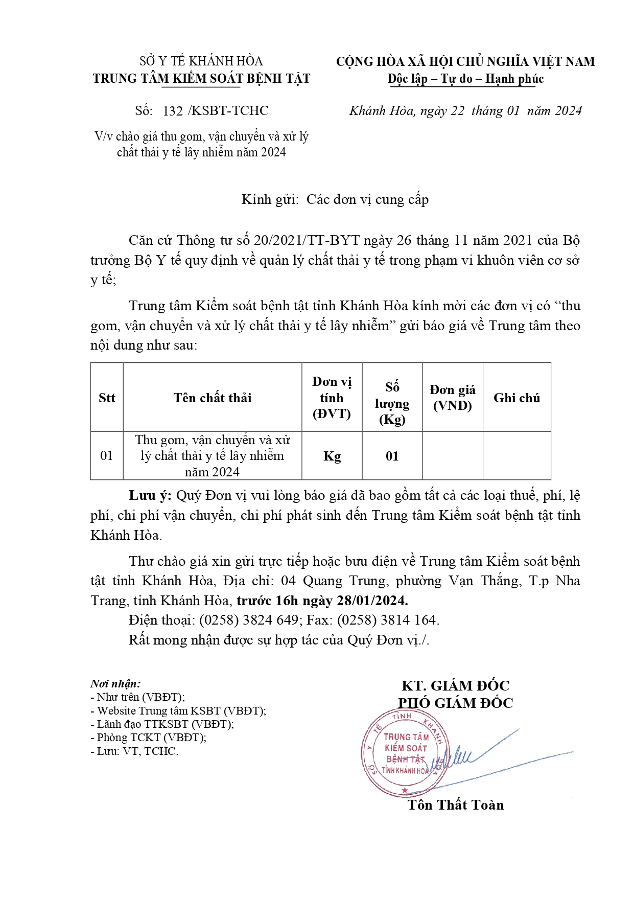 V/v chào giá thu gom, vận chuyển và xử lý chất thải y tế lây nhiễm năm 2024